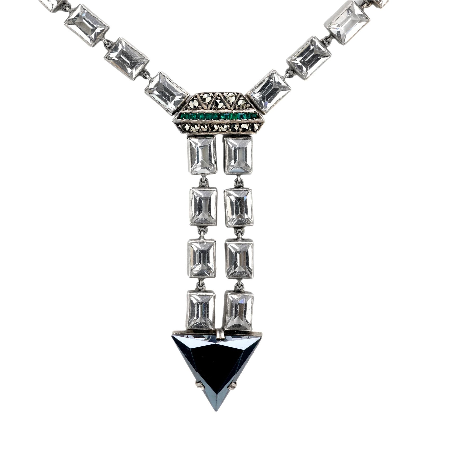 Art Deco German Sterling Silver Crystal and Marcasite Arrow Motif Necklace