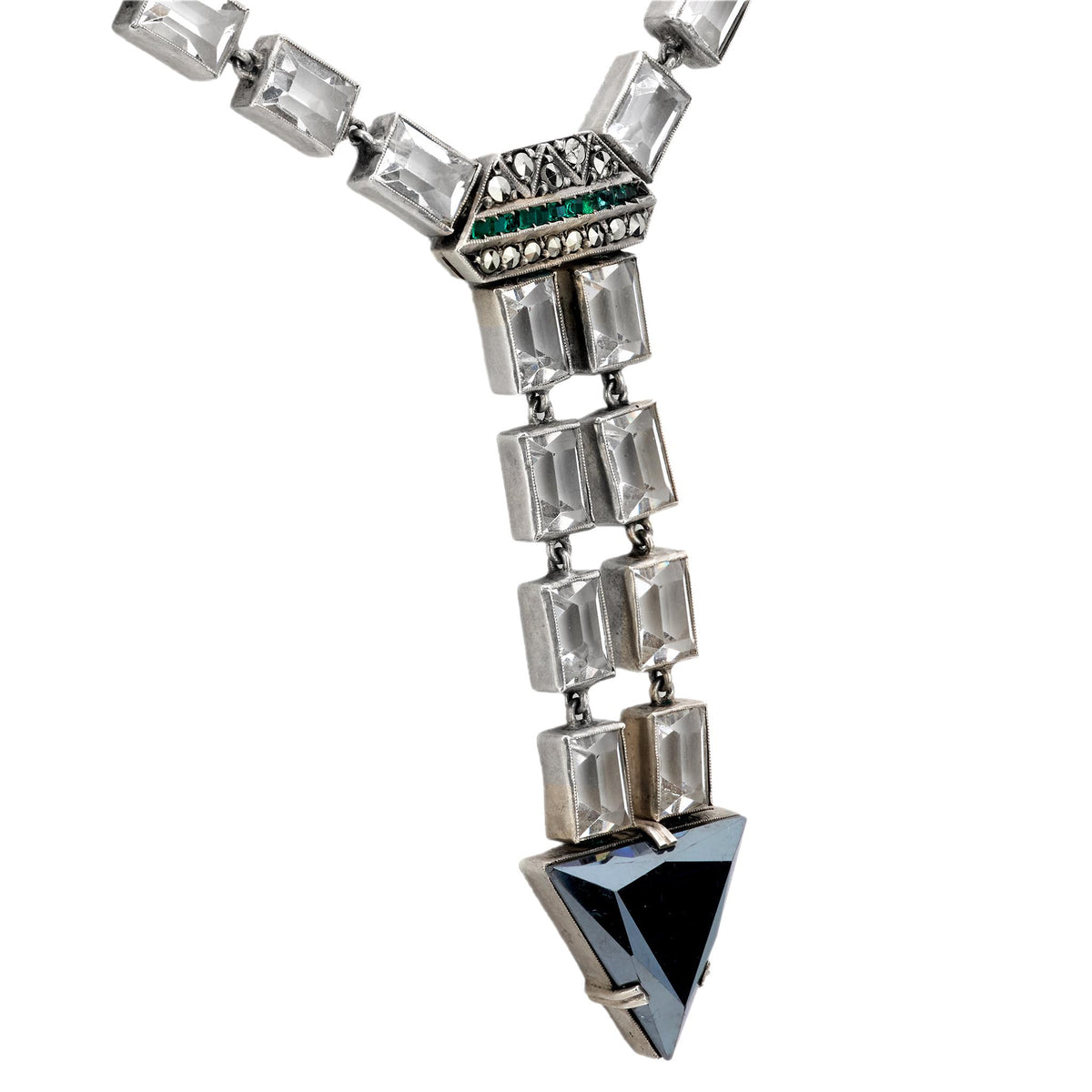Art Deco German Sterling Silver Crystal and Marcasite Arrow Motif Necklace