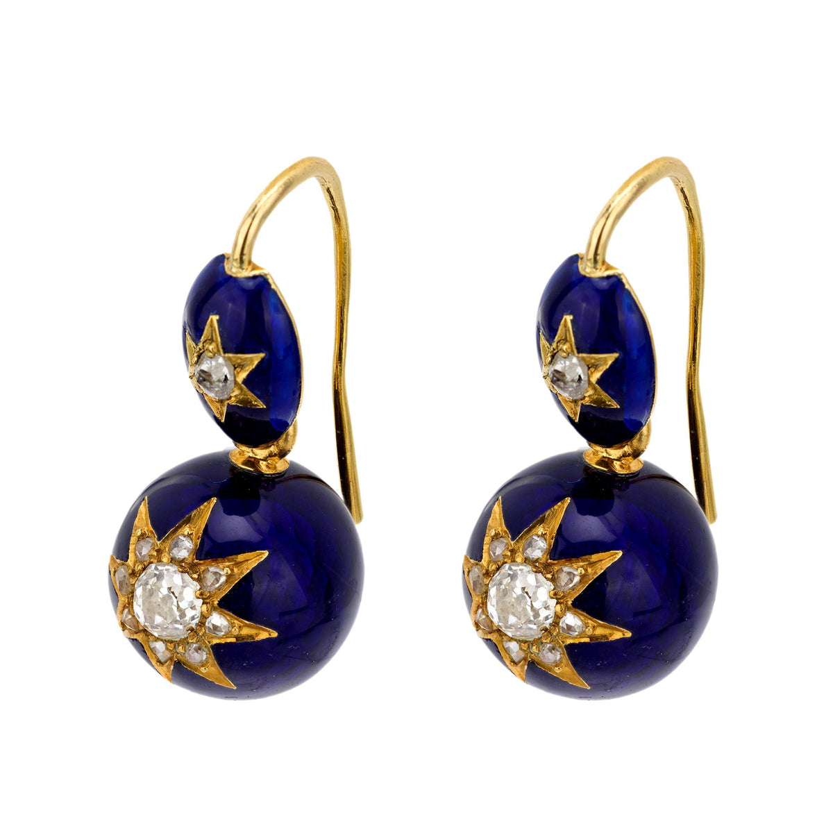 Victorian 14k Diamond and Enamel Star Motif Drop Earrings