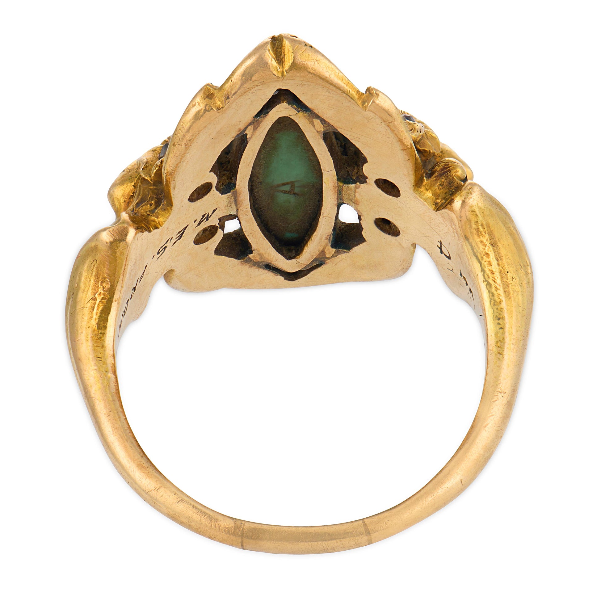 Art Nouveau 14k Turquoise & Diamond Navette Ring