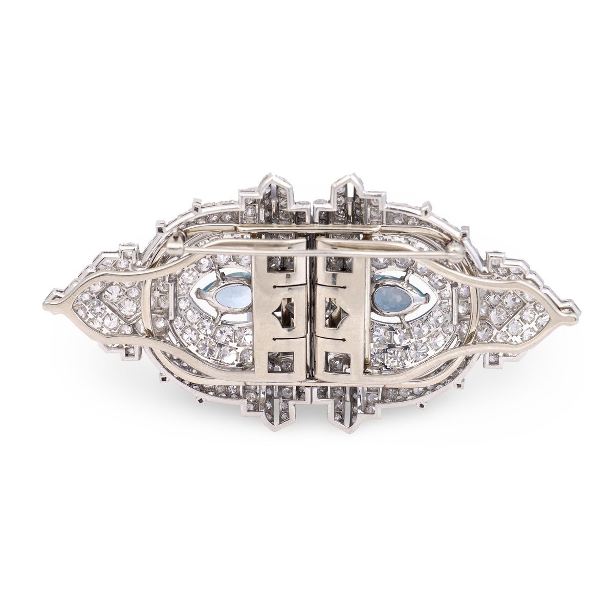 Art Deco Platinum Diamond & Aqua Pin/Fur Clip Set