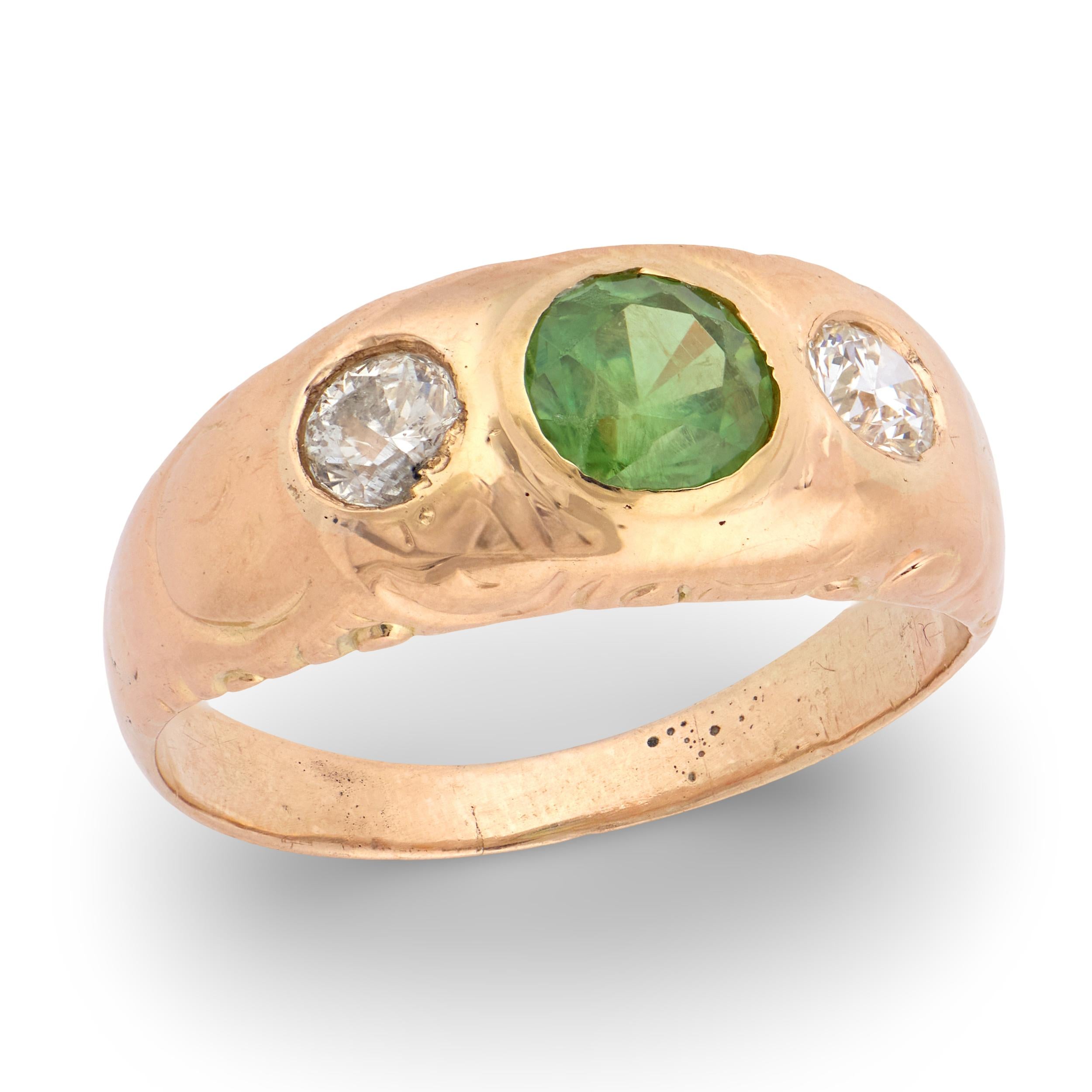 Art Nouveau 14k Demantoid Garnet & Diamond Three Stone Ring