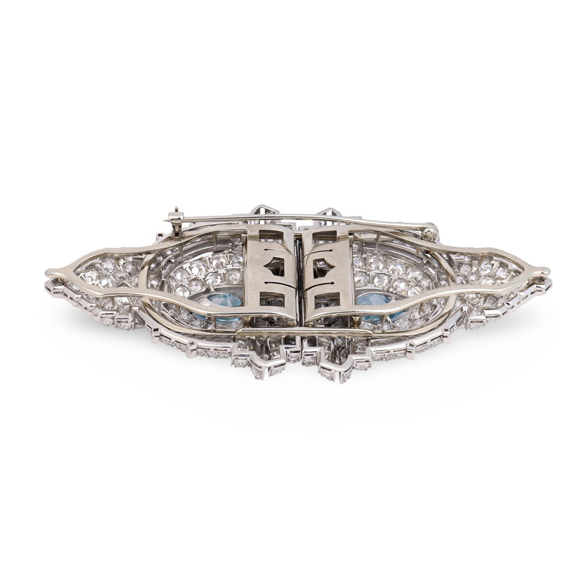 Art Deco Platinum Diamond & Aqua Pin/Fur Clip Set