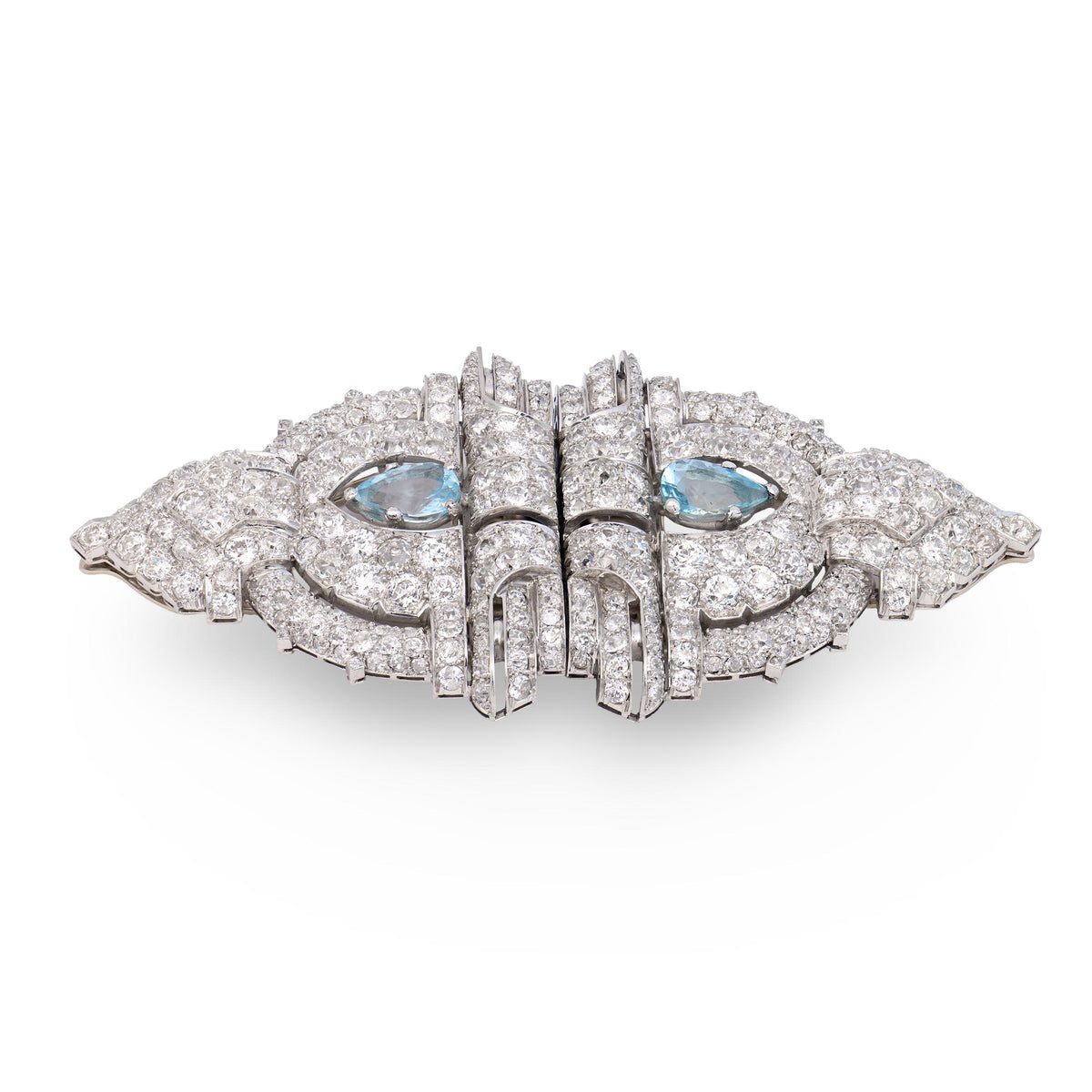 Art Deco Platinum Diamond & Aqua Pin/Fur Clip Set