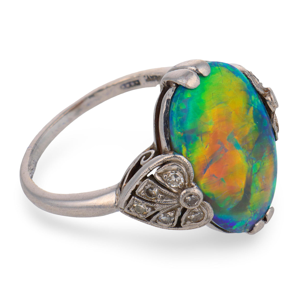 Edwardian Platinum Lightning Ridge Opal & Diamond Ring