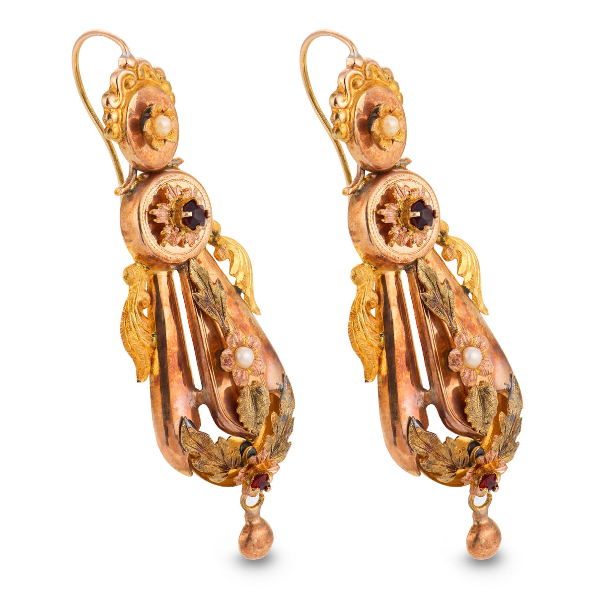 Art Nouveau 14k Pearl & Garnet Dangle Earrings