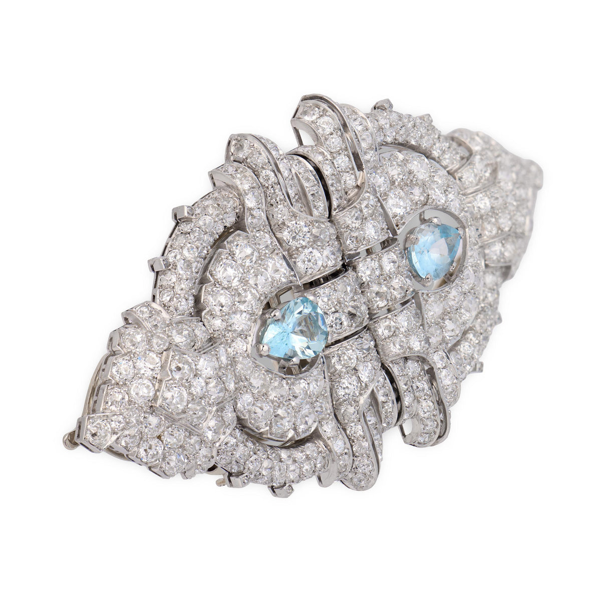 Art Deco Platinum Diamond & Aqua Pin/Fur Clip Set