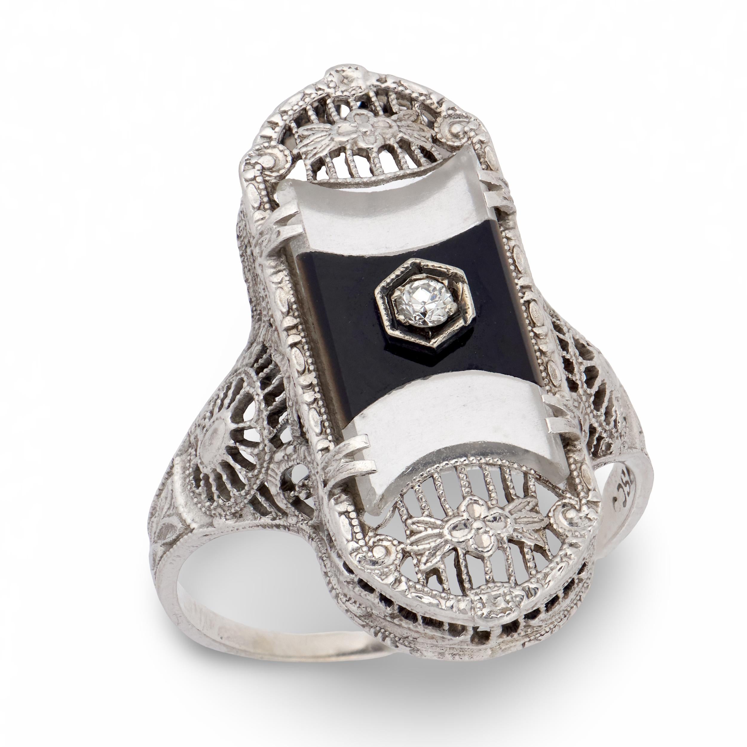 Art Deco 14k Rock Quartz Crystal, Onyx, & Diamond Navette Ring