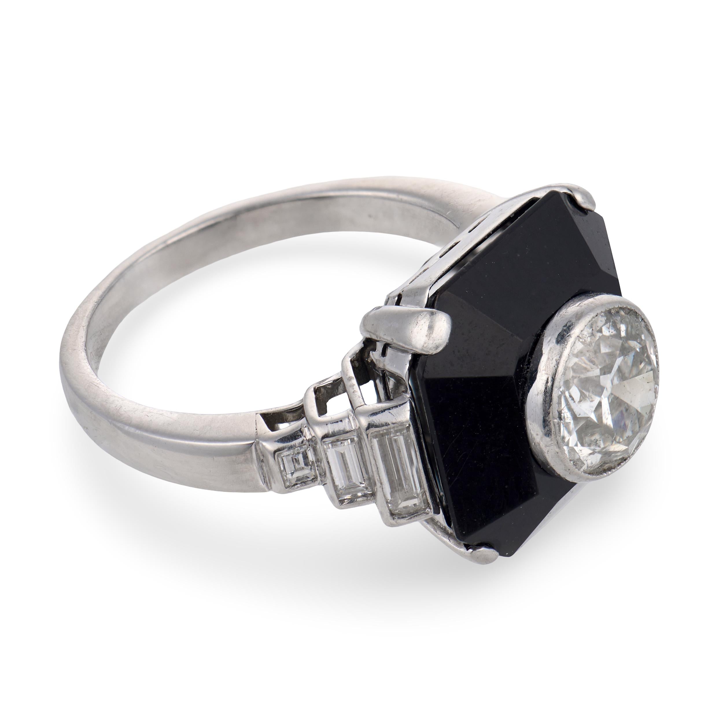 Art Deco Platinum Diamond & Onyx Engagement Ring 1.70ct
