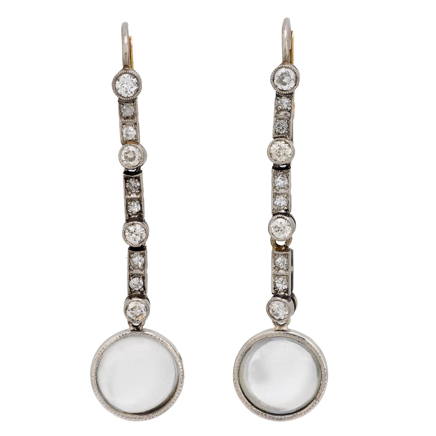 Edwardian 18k/Platinum Moonstone and Diamond Drop Earrings