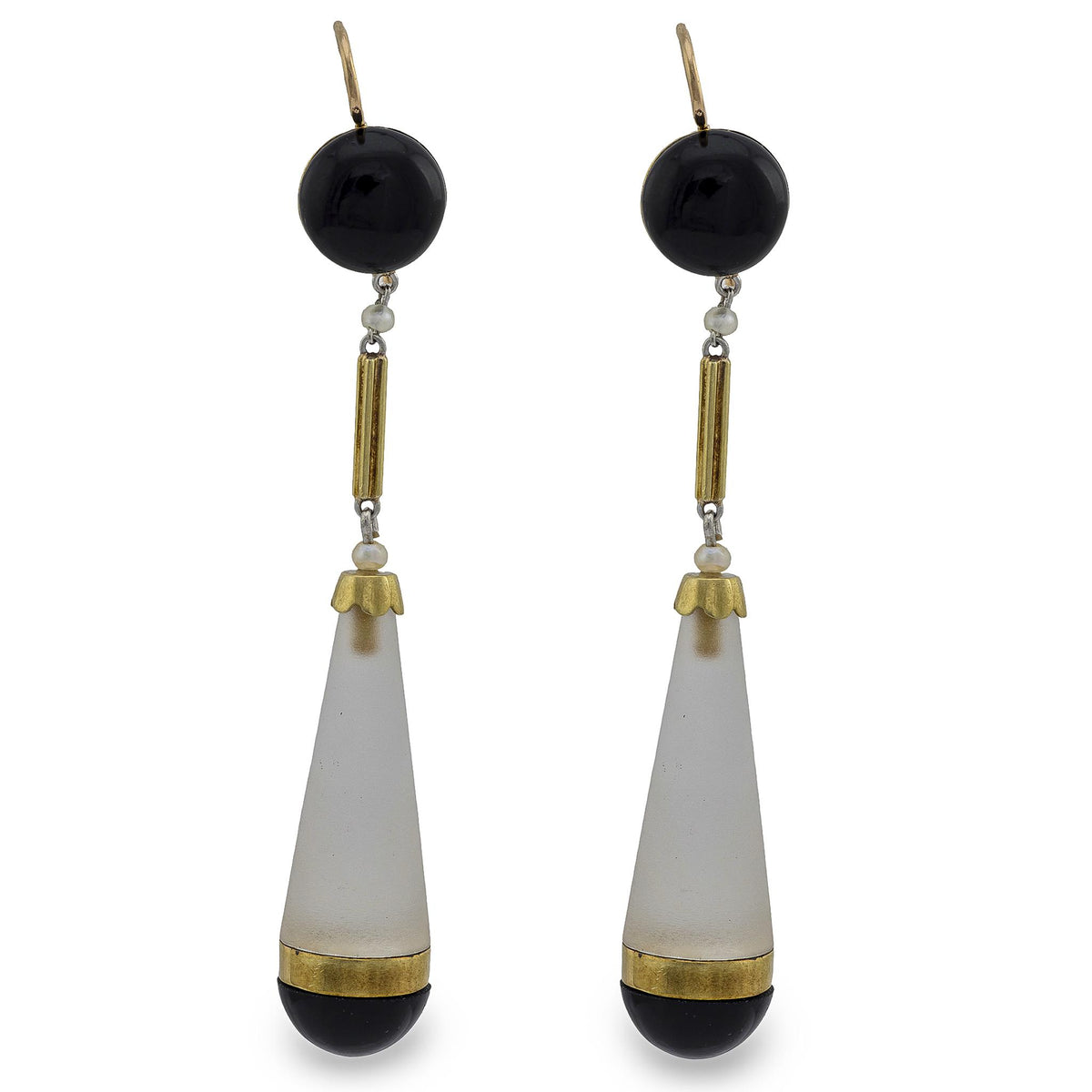 Victorian 14k Rock Quartz Crystal Onyx and Seed Pearl Drop Earrings