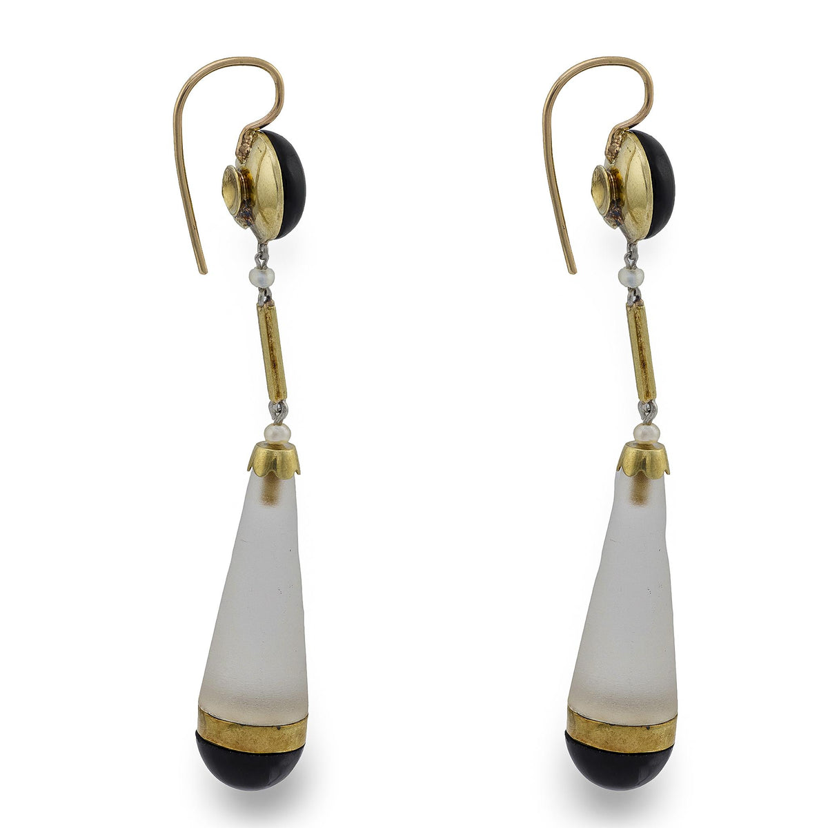 Victorian 14k Rock Quartz Crystal Onyx and Seed Pearl Drop Earrings