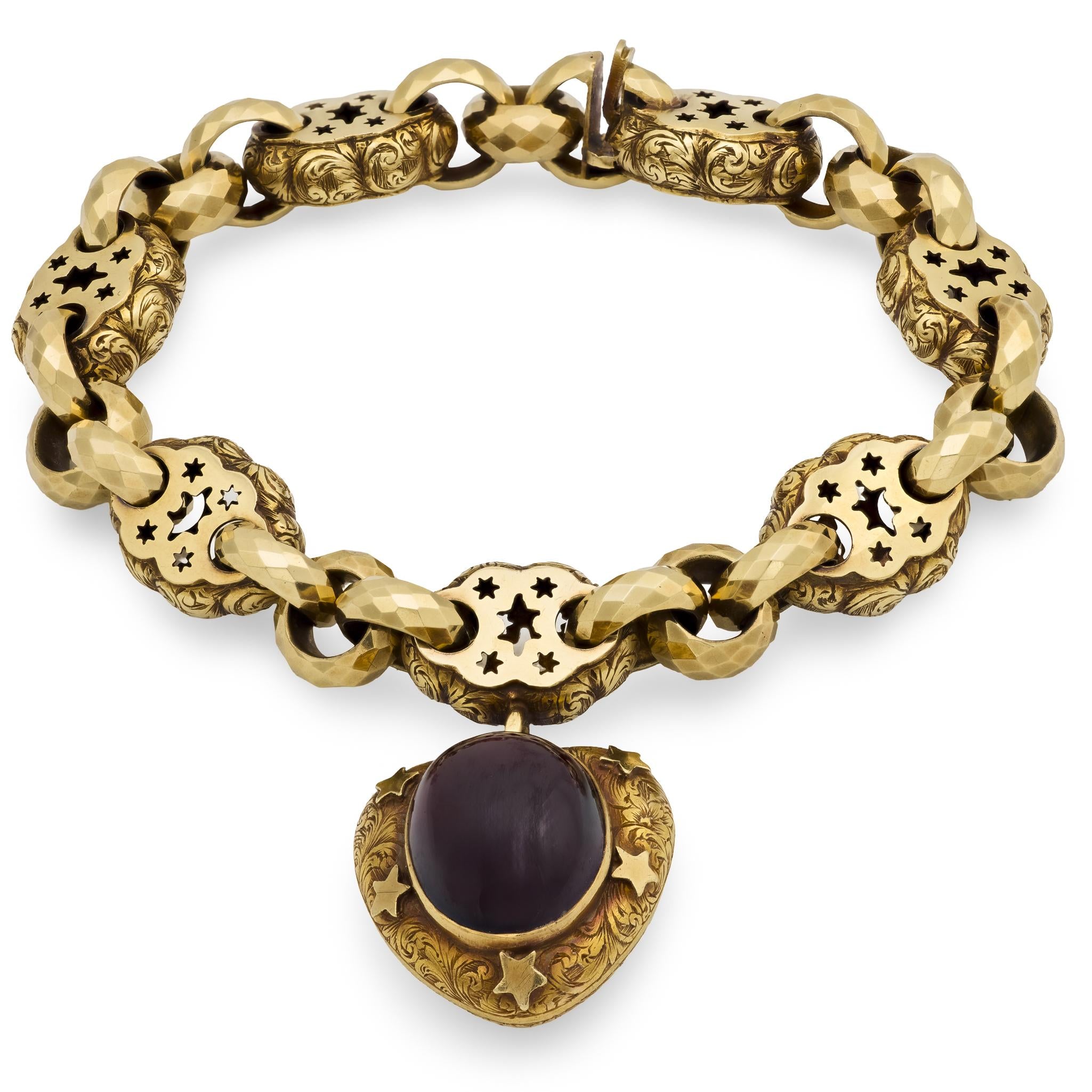Georgian 15k Repoussé Garnet Heart-Motif Locket Bracelet