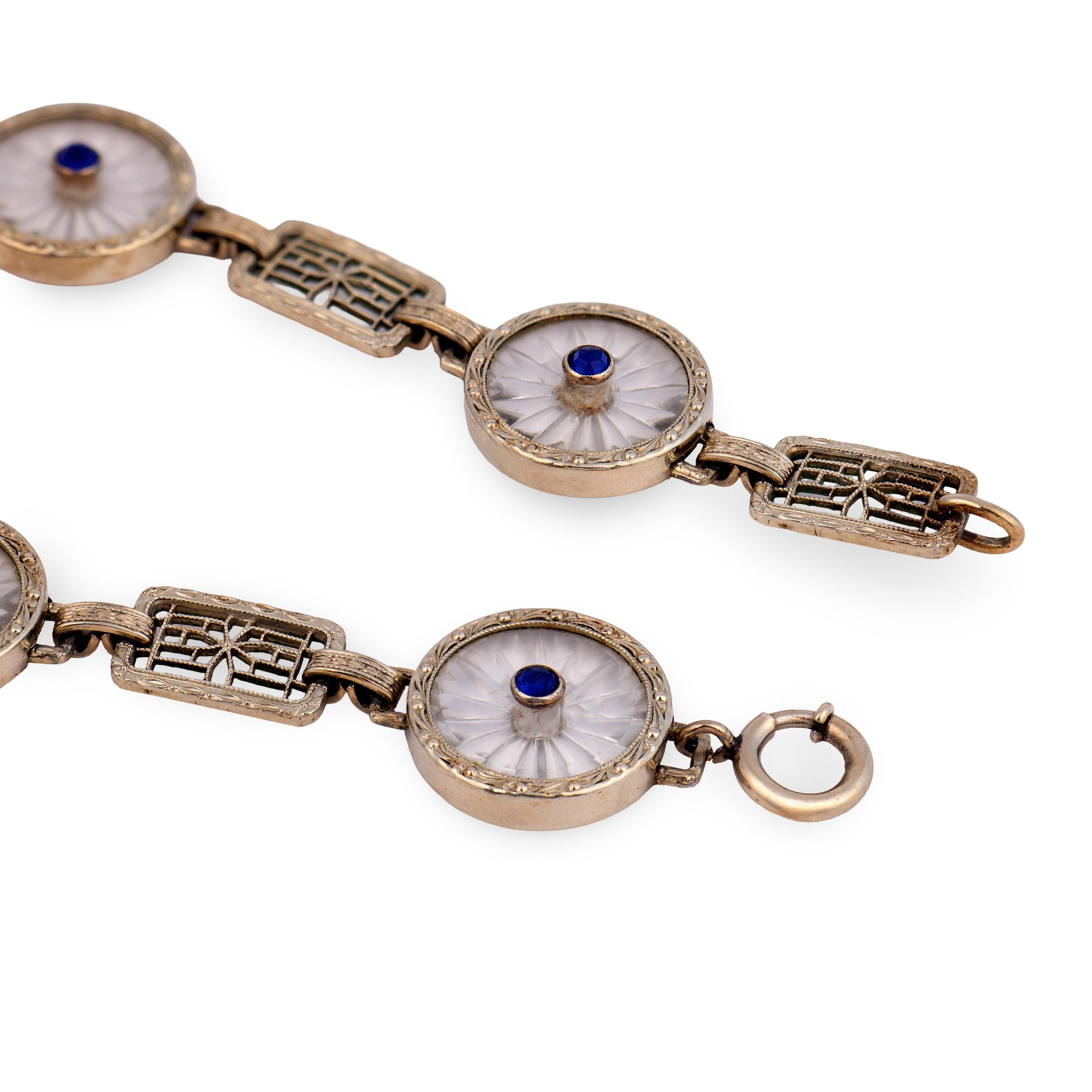 KREMENTZ & CO. Art Deco 14k Rock Quartz Crystal & Sapphire Line Bracel