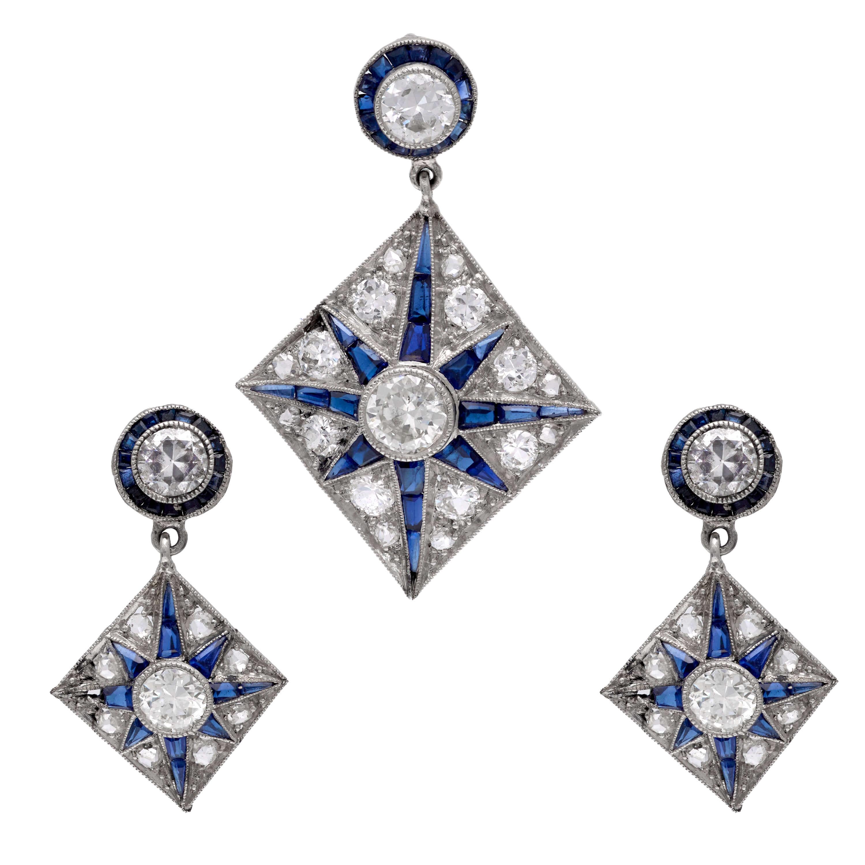 Edwardian Platinum Diamond and Sapphire Star-Motif Earring and Pendant Set