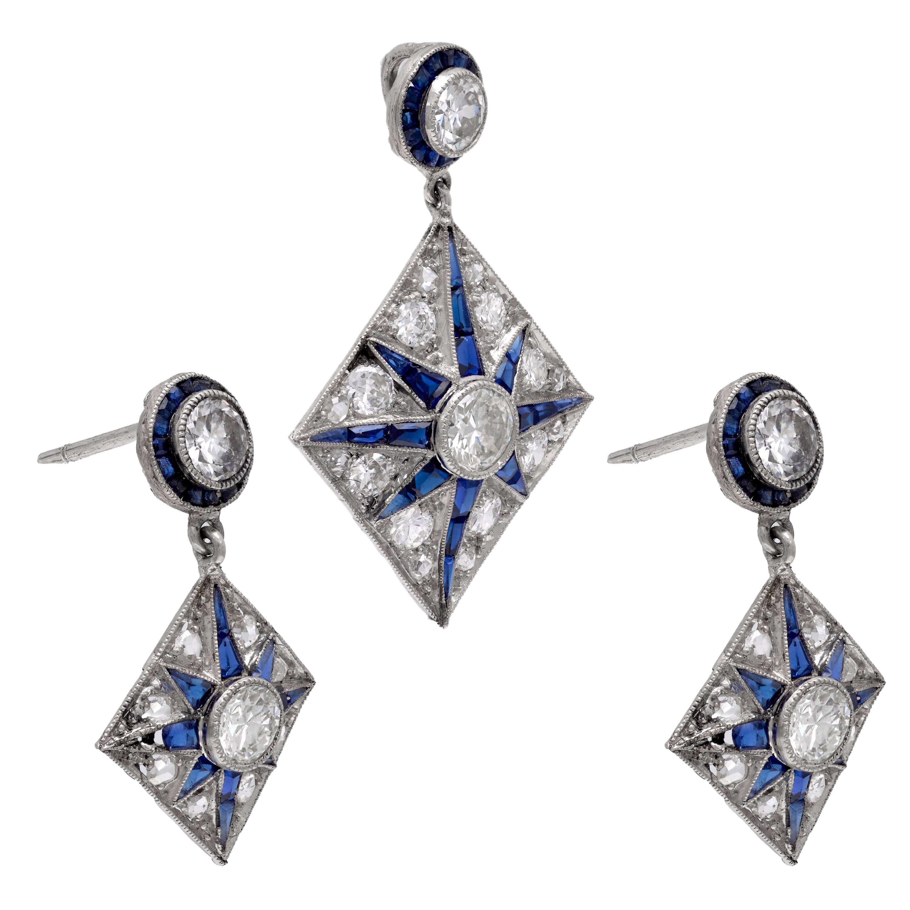 Edwardian Platinum Diamond and Sapphire Star-Motif Earring and Pendant Set