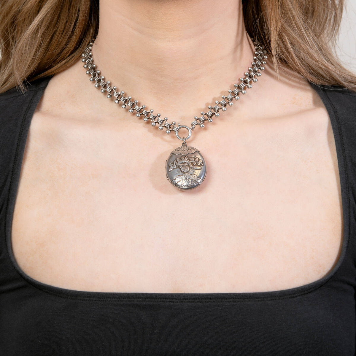 Victorian English Sterling Silver Book Chain Locket Necklace