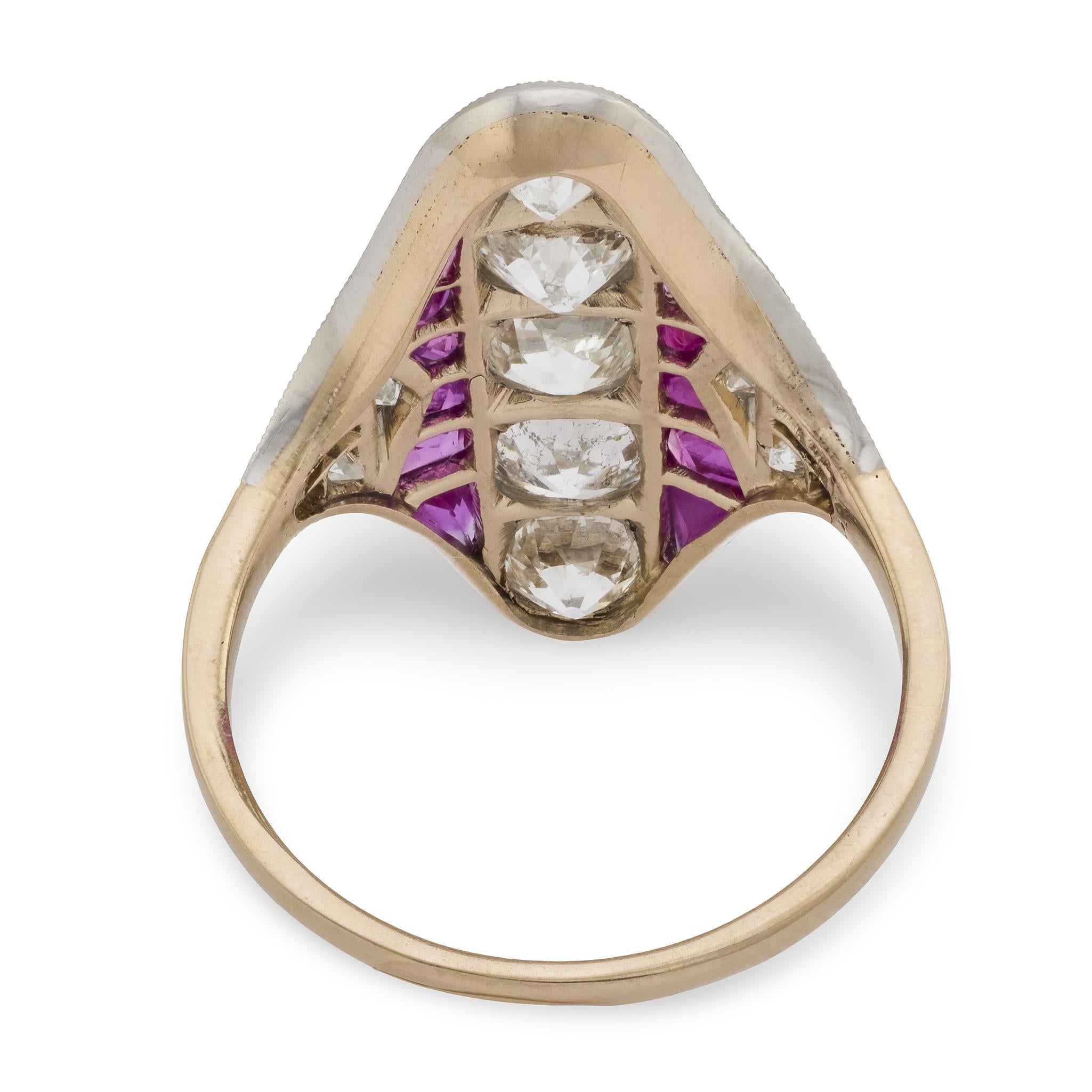 Edwardian 18k/Platinum Ruby & Diamond Navette Ring