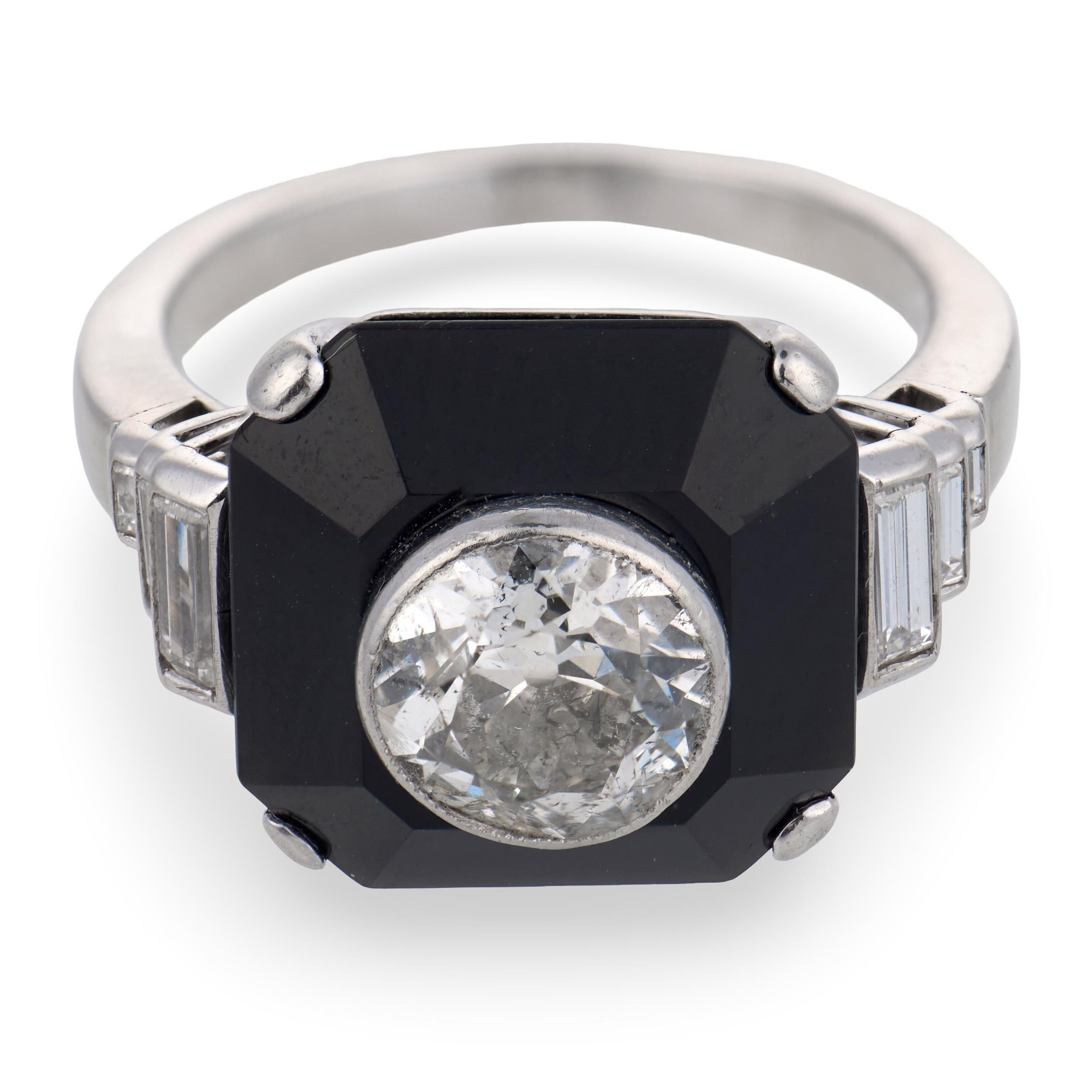 Art Deco Platinum Diamond & Onyx Engagement Ring 1.70ct