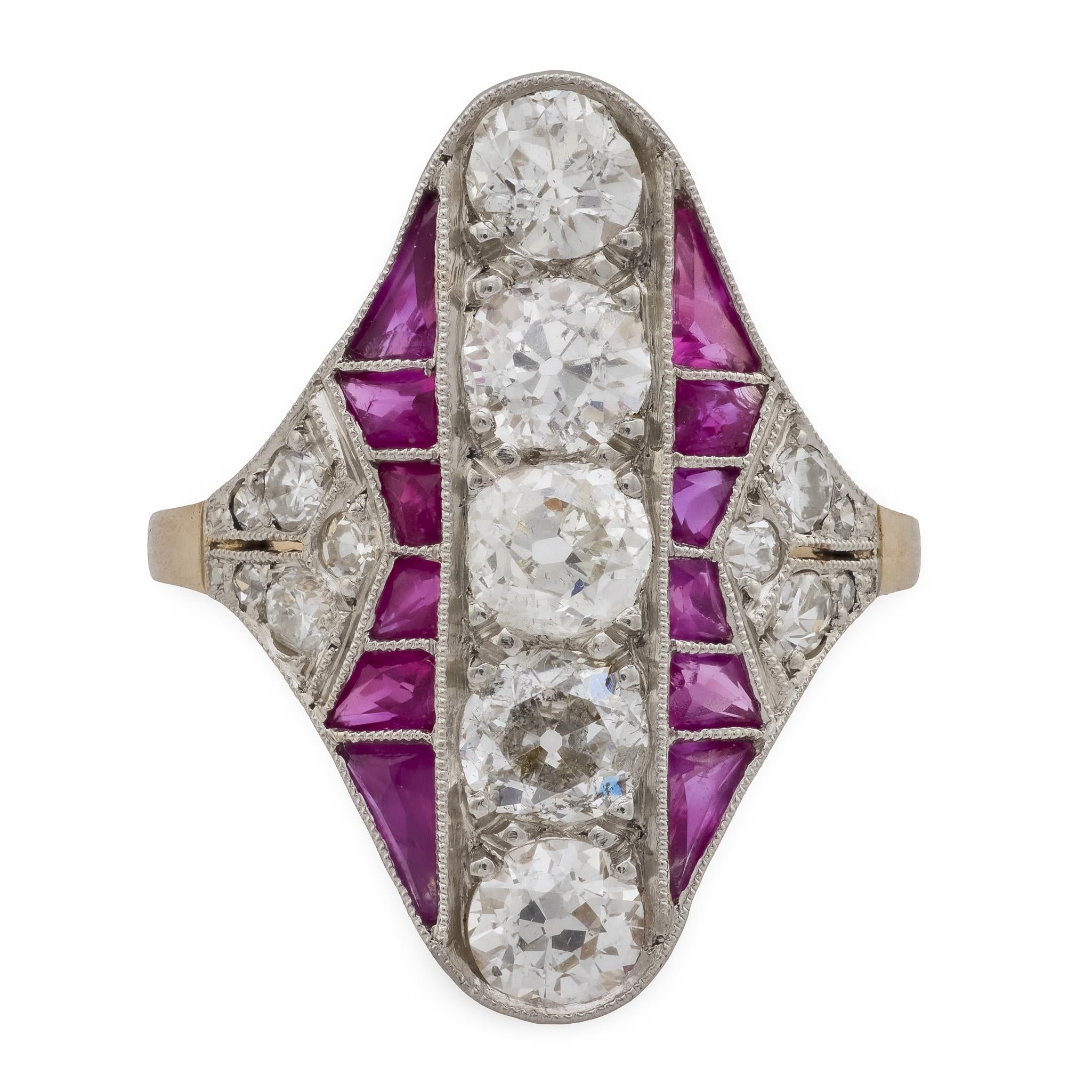 Edwardian 18k/Platinum Ruby & Diamond Navette Ring