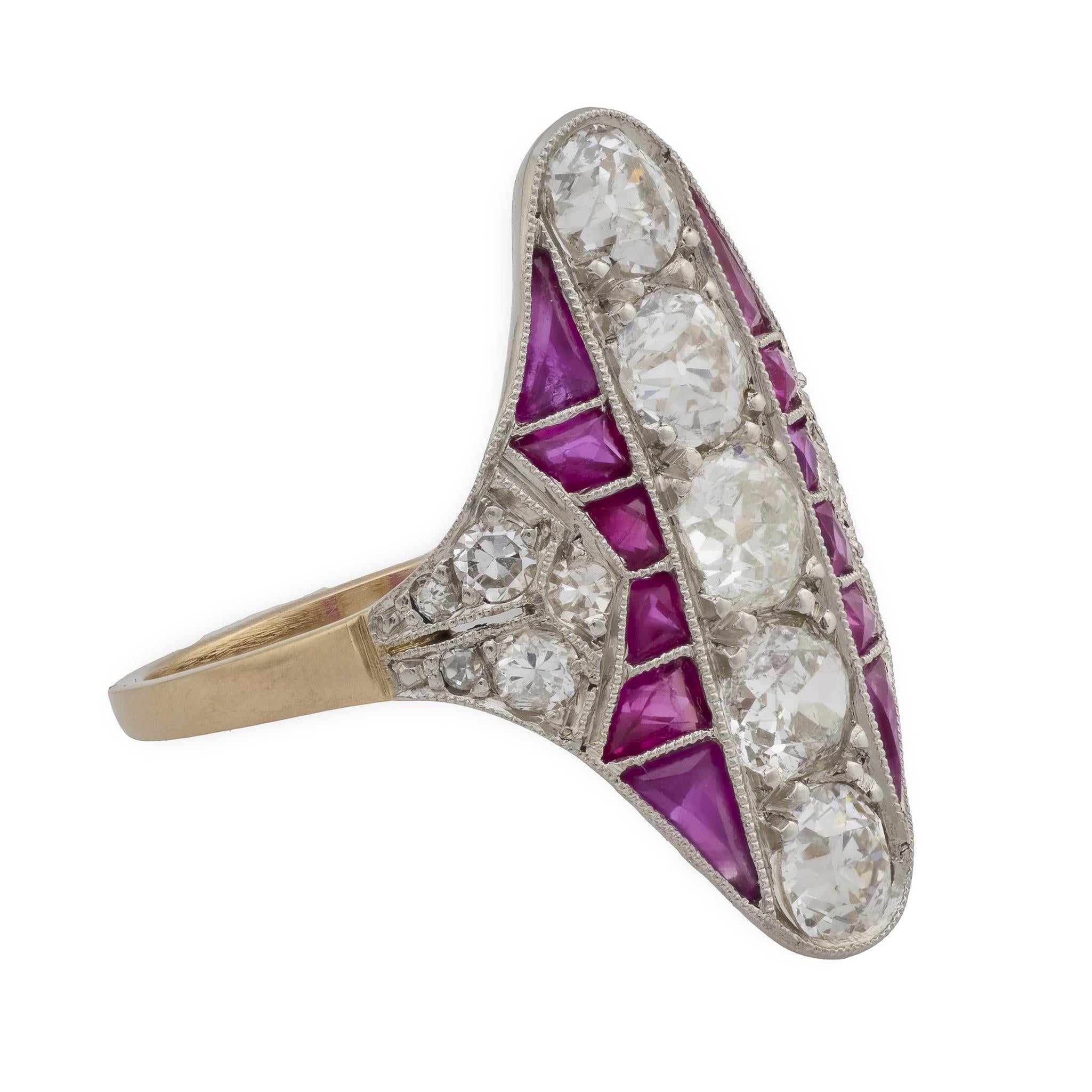 Edwardian 18k/Platinum Ruby & Diamond Navette Ring