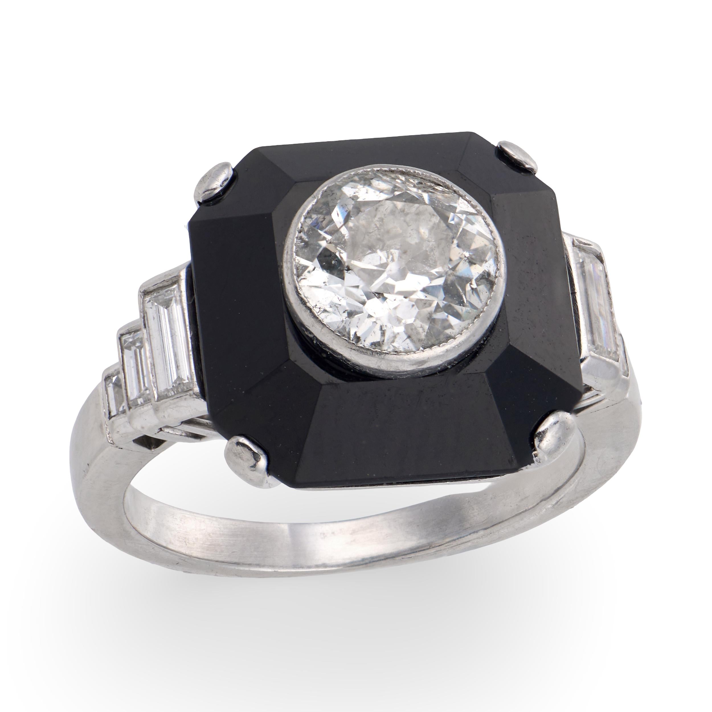 Art Deco Platinum Diamond & Onyx Engagement Ring 1.70ct