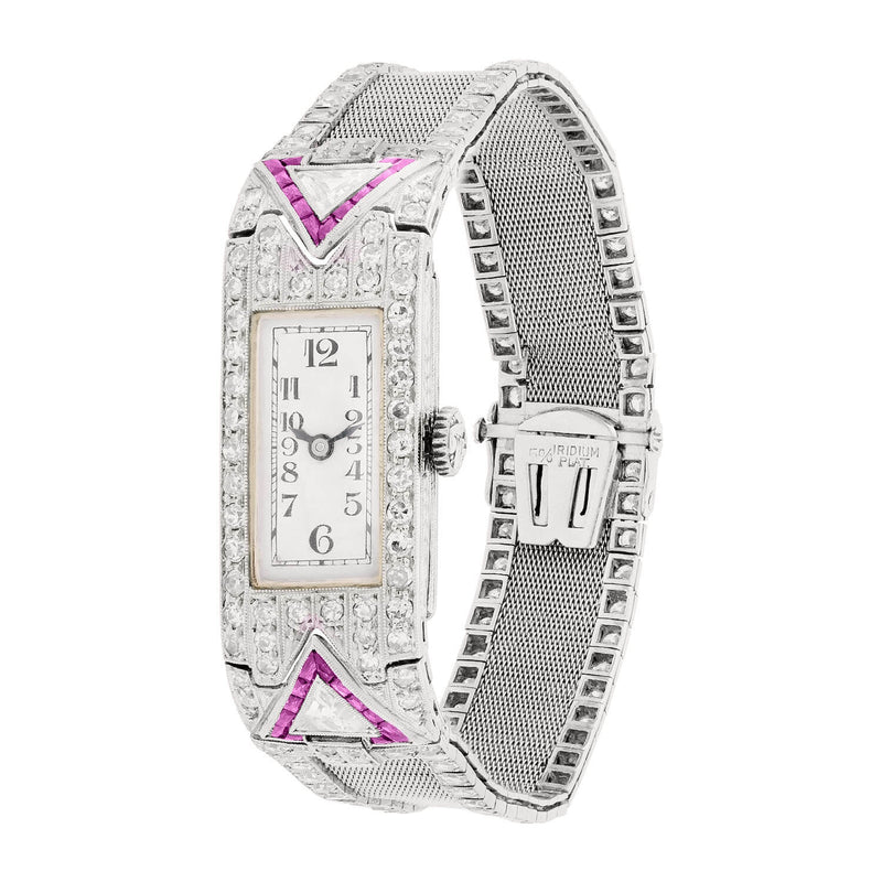 GLYCINE Art Deco Platinum Ruby & Diamond Watch 2.50ctw
