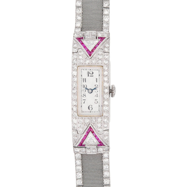 GLYCINE Art Deco Platinum Ruby & Diamond Watch 2.50ctw