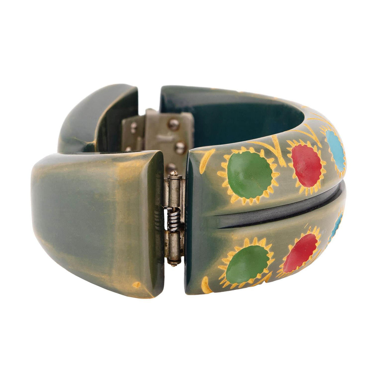 Retro Bakelite Carved Clamper and Link Bracelet Set
