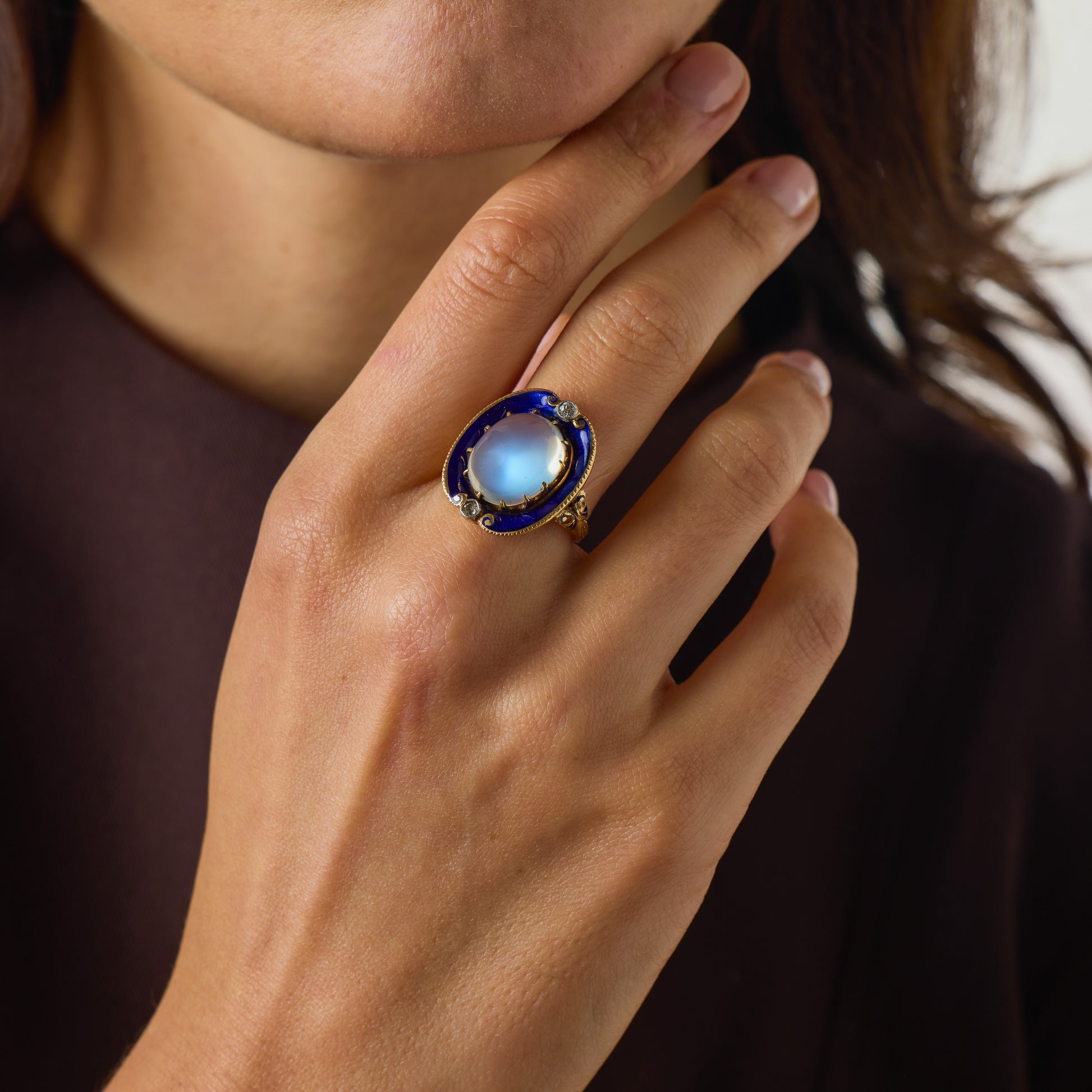 Victorian 14k Moonstone, Diamond, & Enamel Ring
