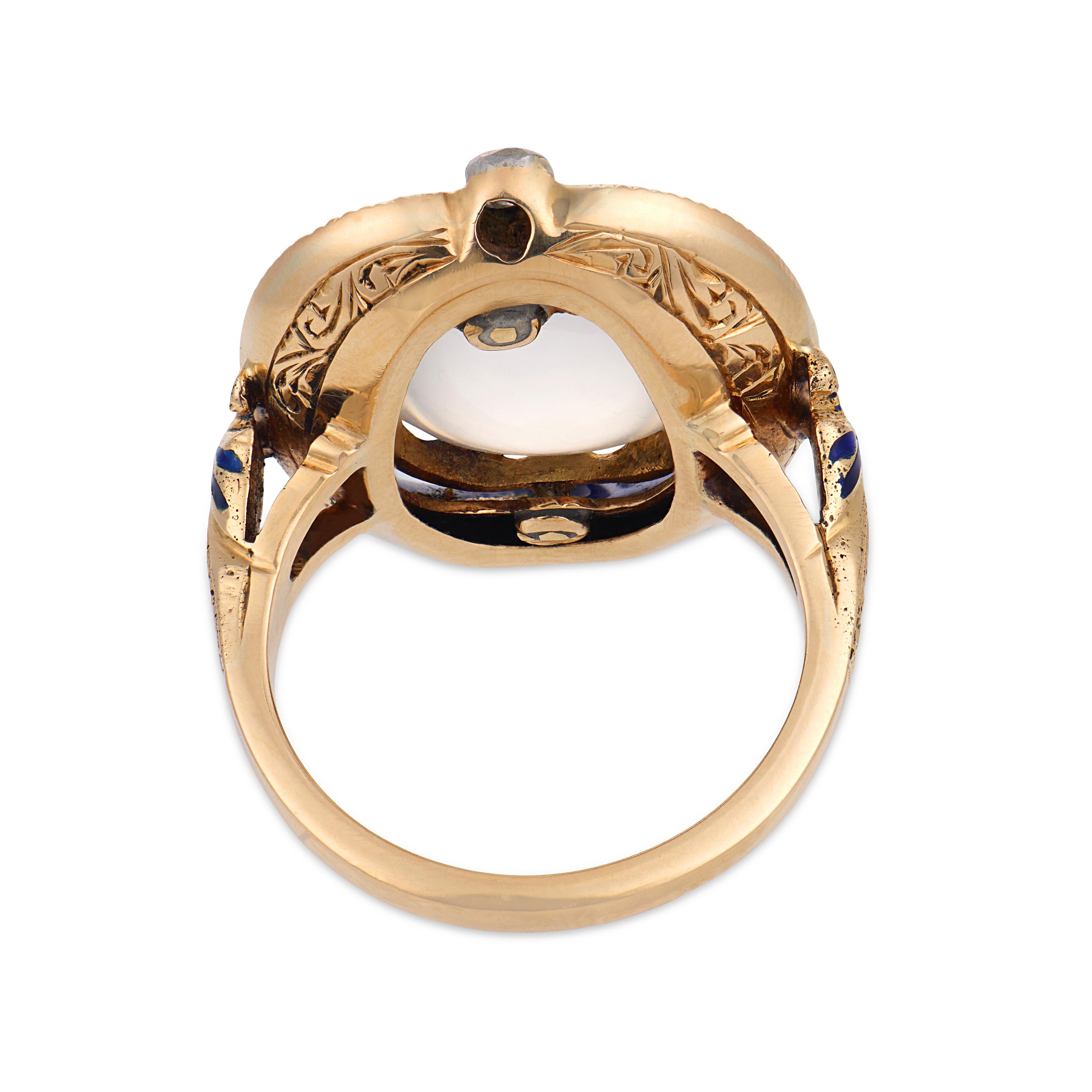 Victorian 14k Moonstone, Diamond, & Enamel Ring