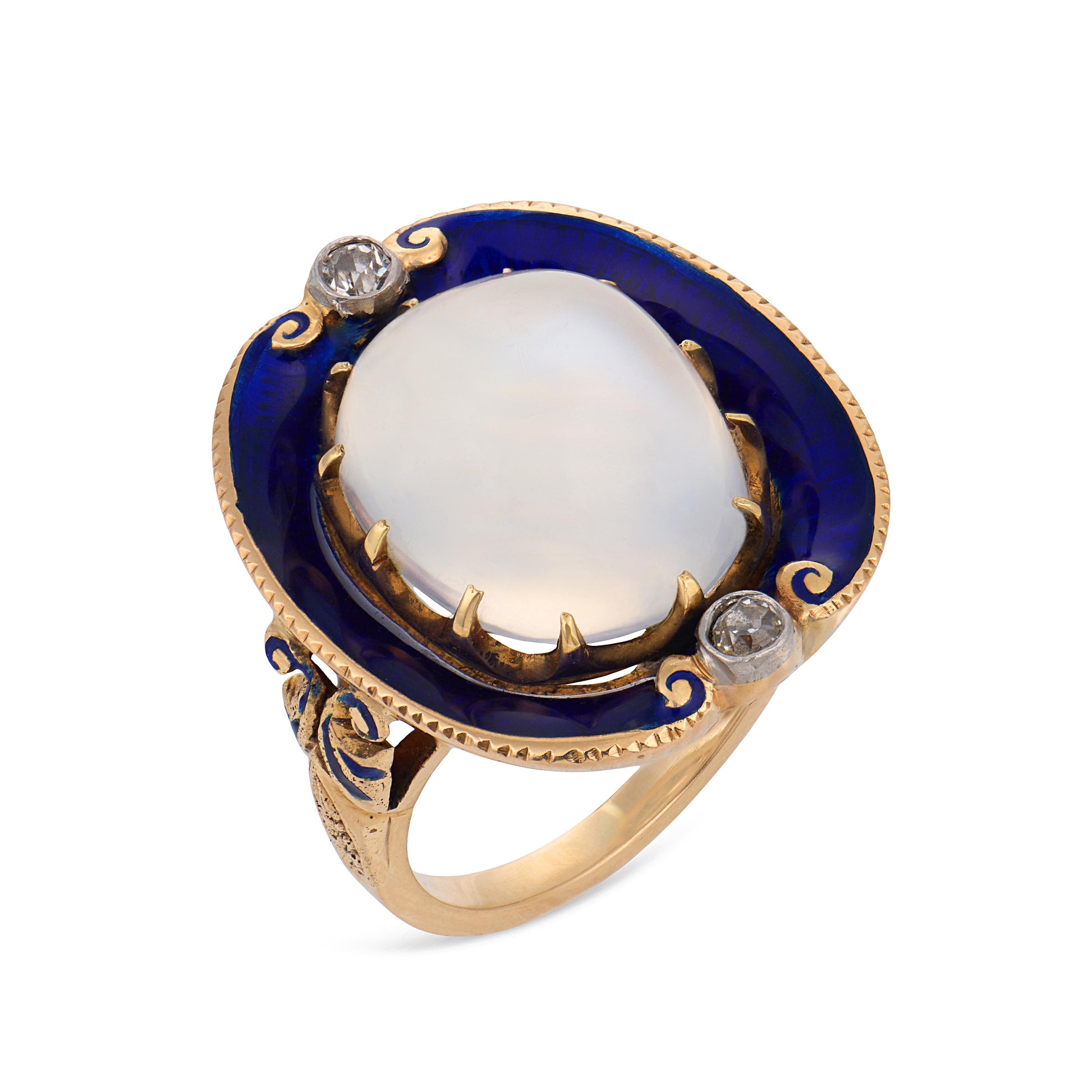 Victorian 14k Moonstone, Diamond, & Enamel Ring