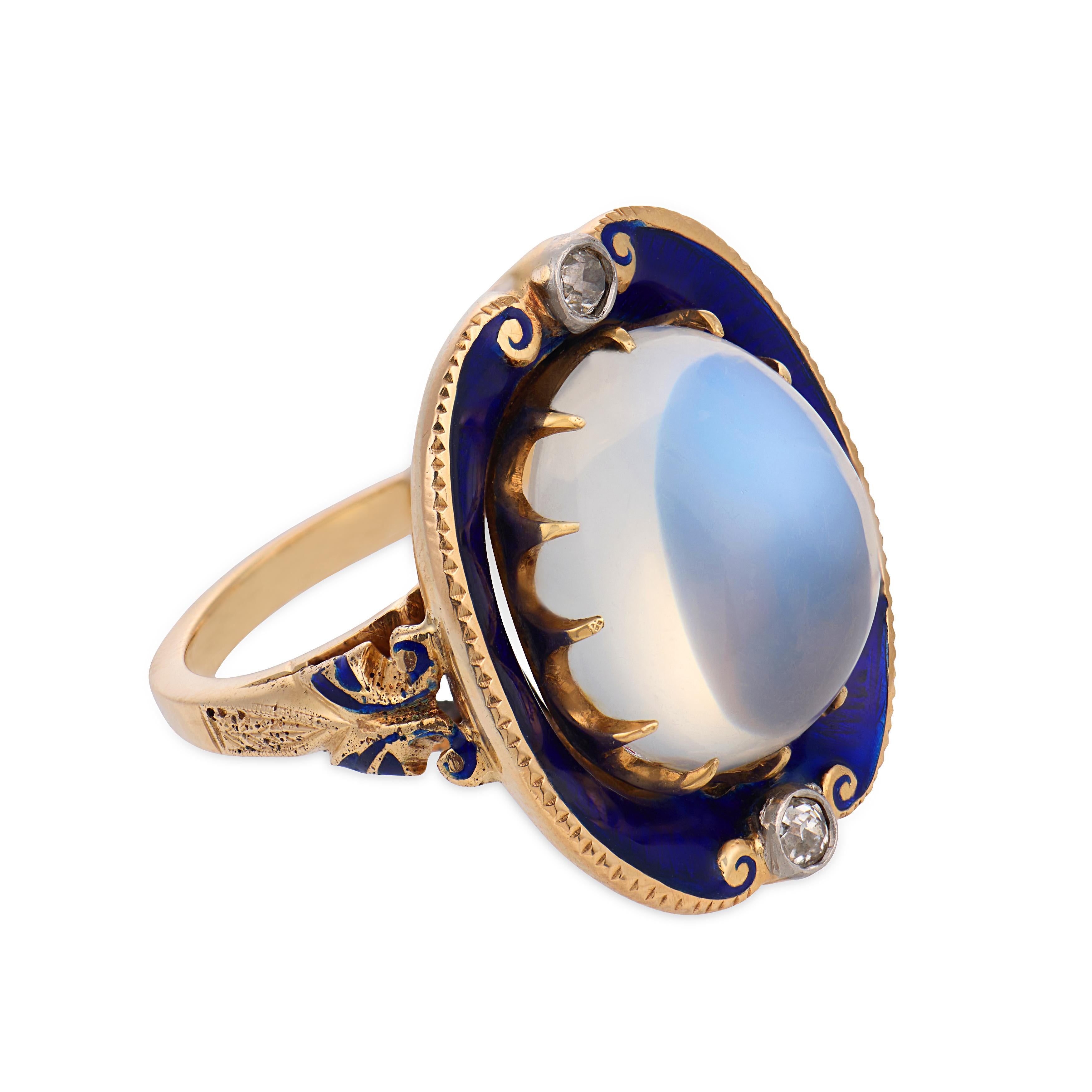 Victorian 14k Moonstone, Diamond, & Enamel Ring