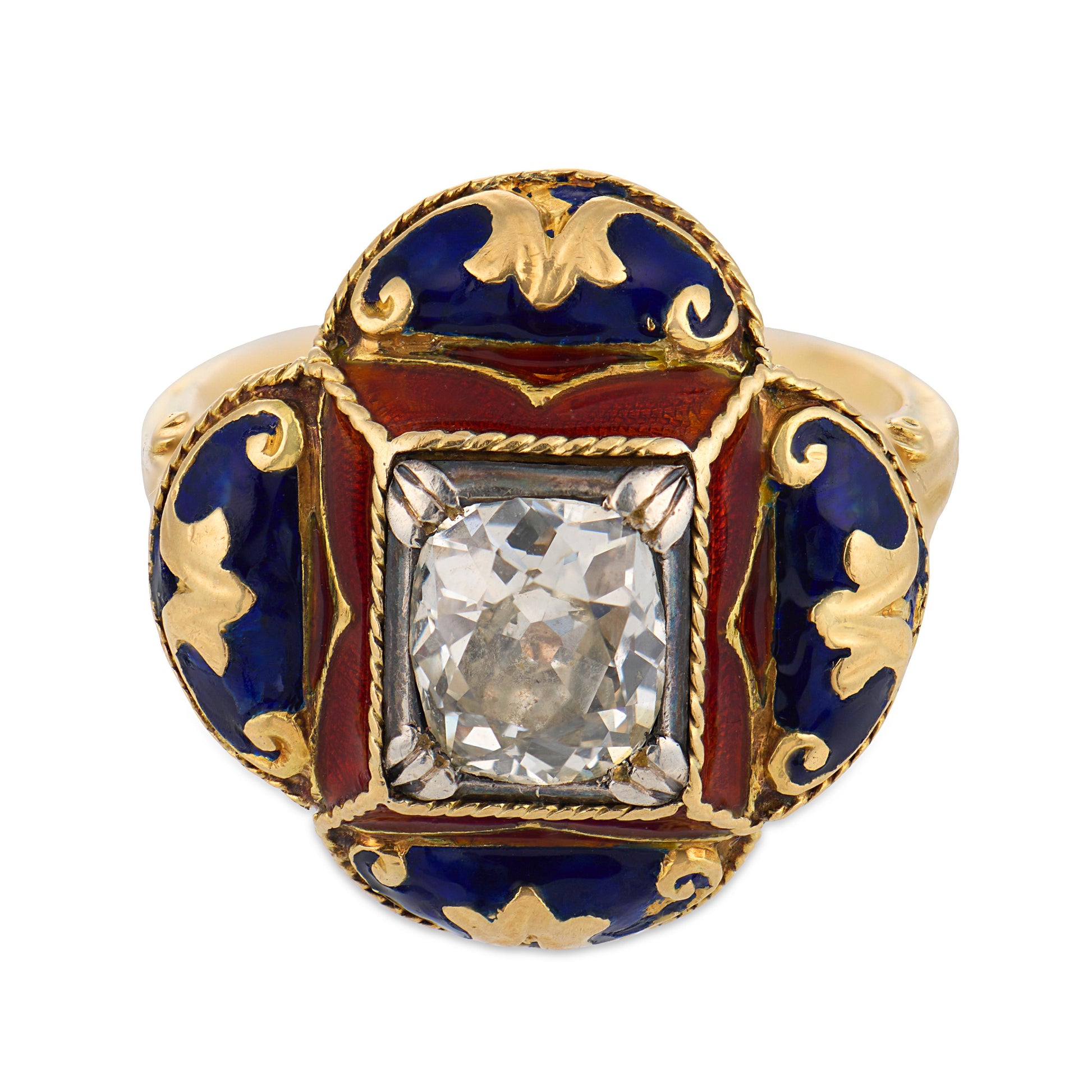 Victorian 14k Diamond & Enamel Clover-Motif Ring