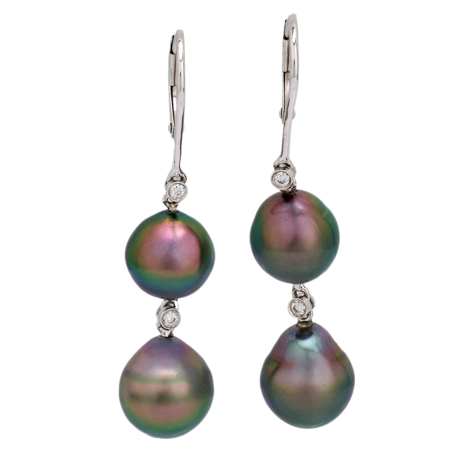 Estate 18k Tahitian Pearl and Diamond Drop Earrings