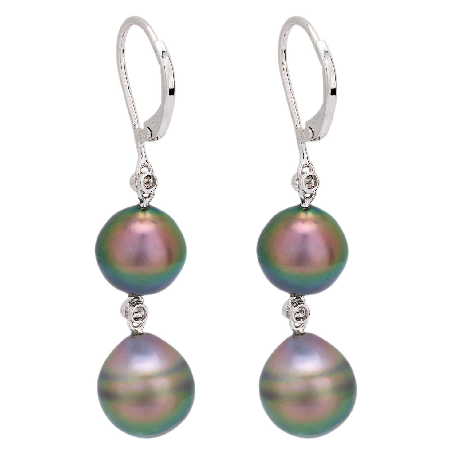 Estate 18k Tahitian Pearl and Diamond Drop Earrings