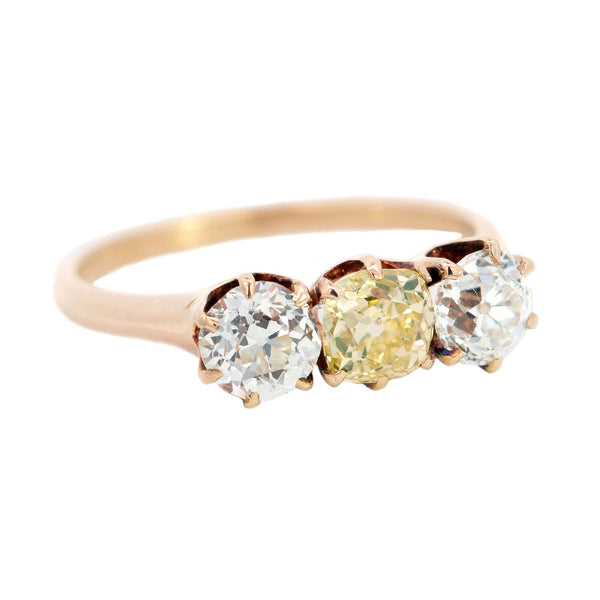 Victorian 14k 3-Stone Yellow and White Diamond Engagement Ring 1.55ctw