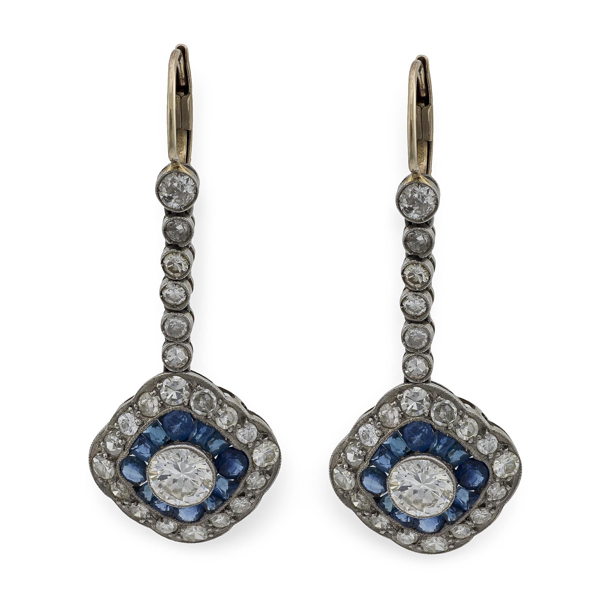 Art Deco 14K/Platinum Diamond & Sapphire Dangle Earrings