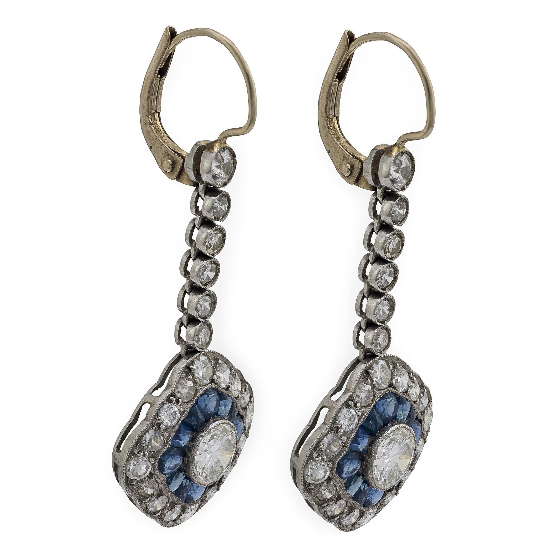 Art Deco 14K/Platinum Diamond & Sapphire Dangle Earrings