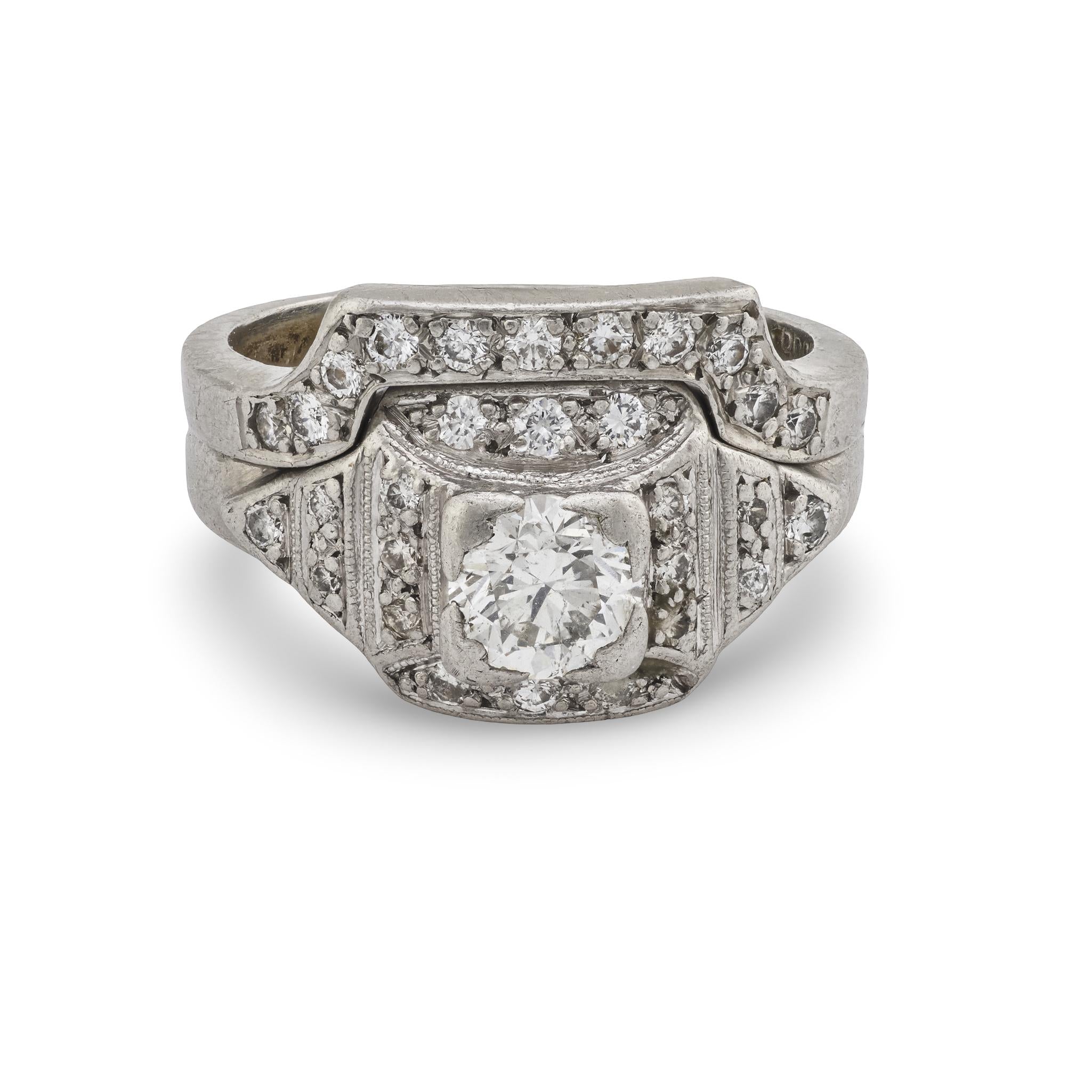 Art Deco Platinum Diamond Engagement Ring & Wedding Band Set .50ct