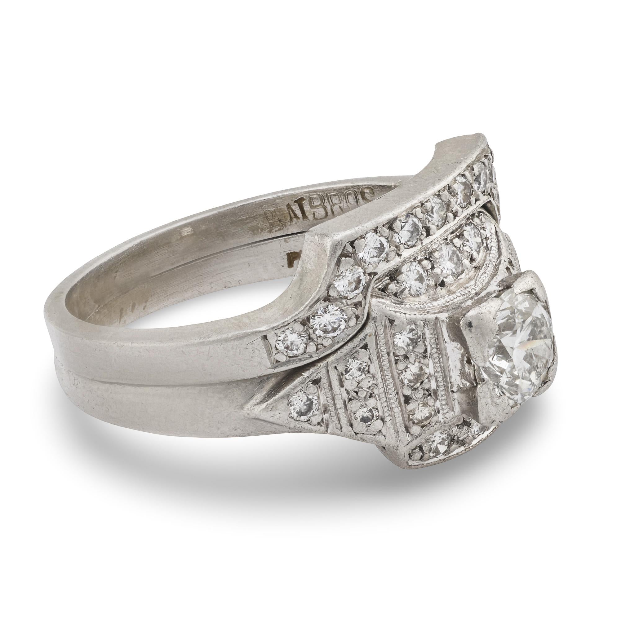 Art Deco Platinum Diamond Engagement Ring & Wedding Band Set .50ct