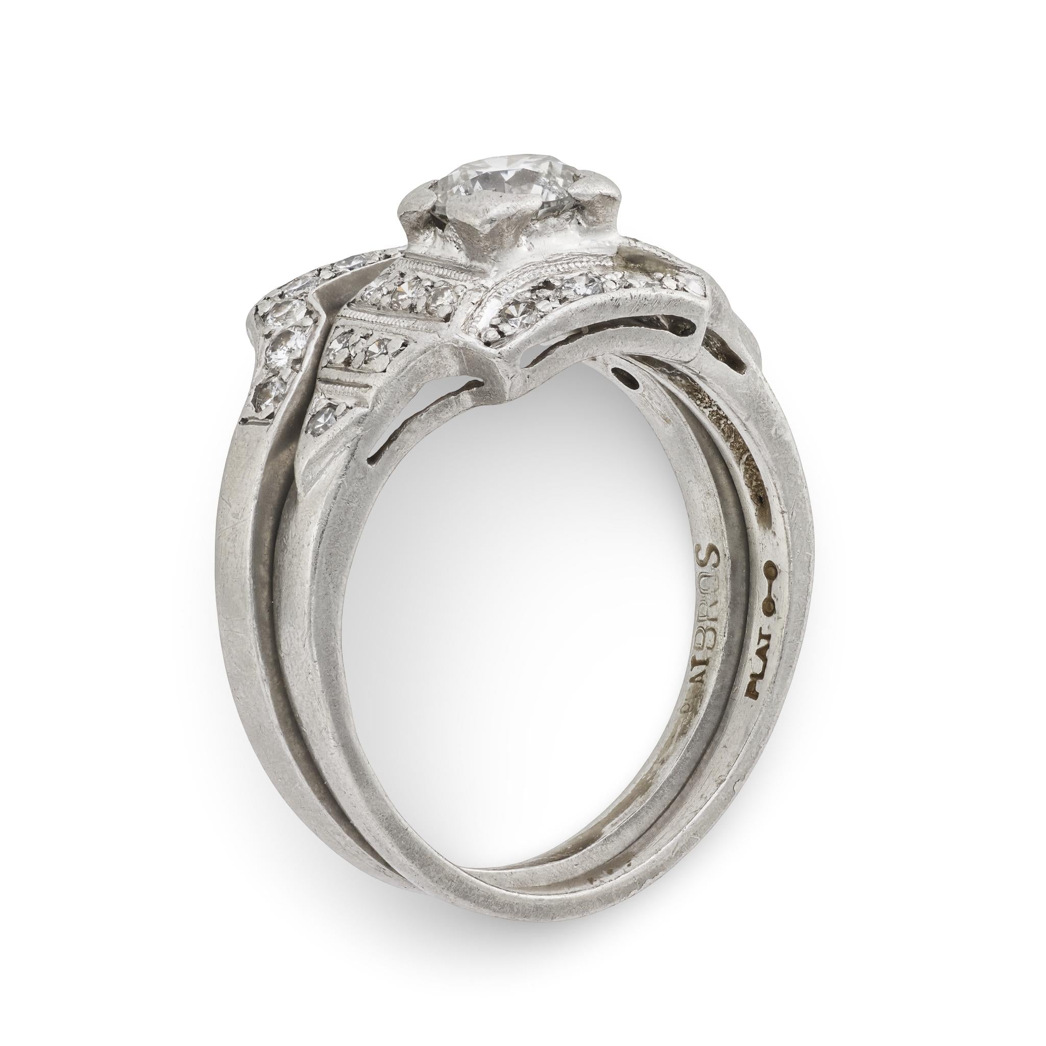 Art Deco Platinum Diamond Engagement Ring & Wedding Band Set .50ct