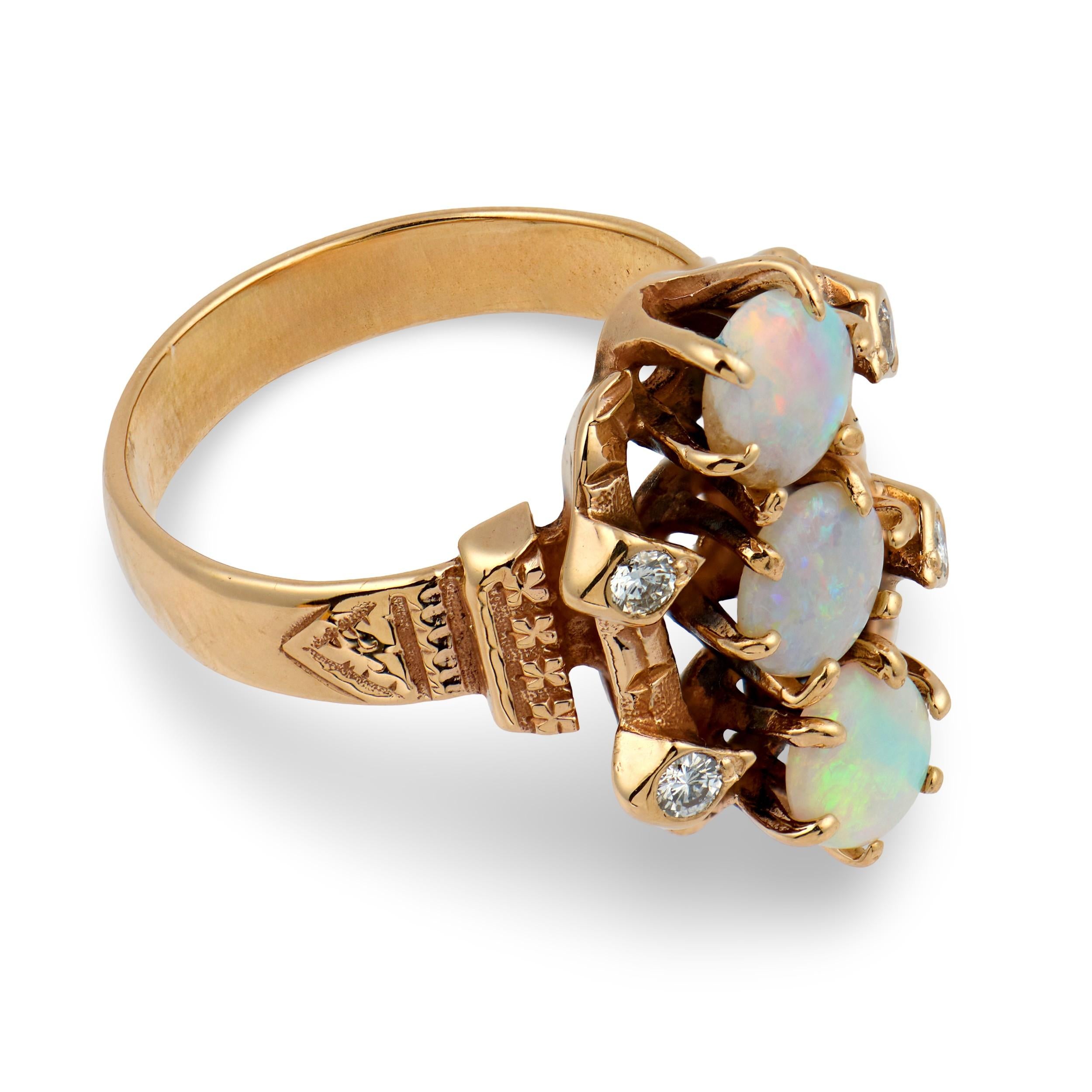 Art Nouveau 14k Opal & Diamond Navette Ring