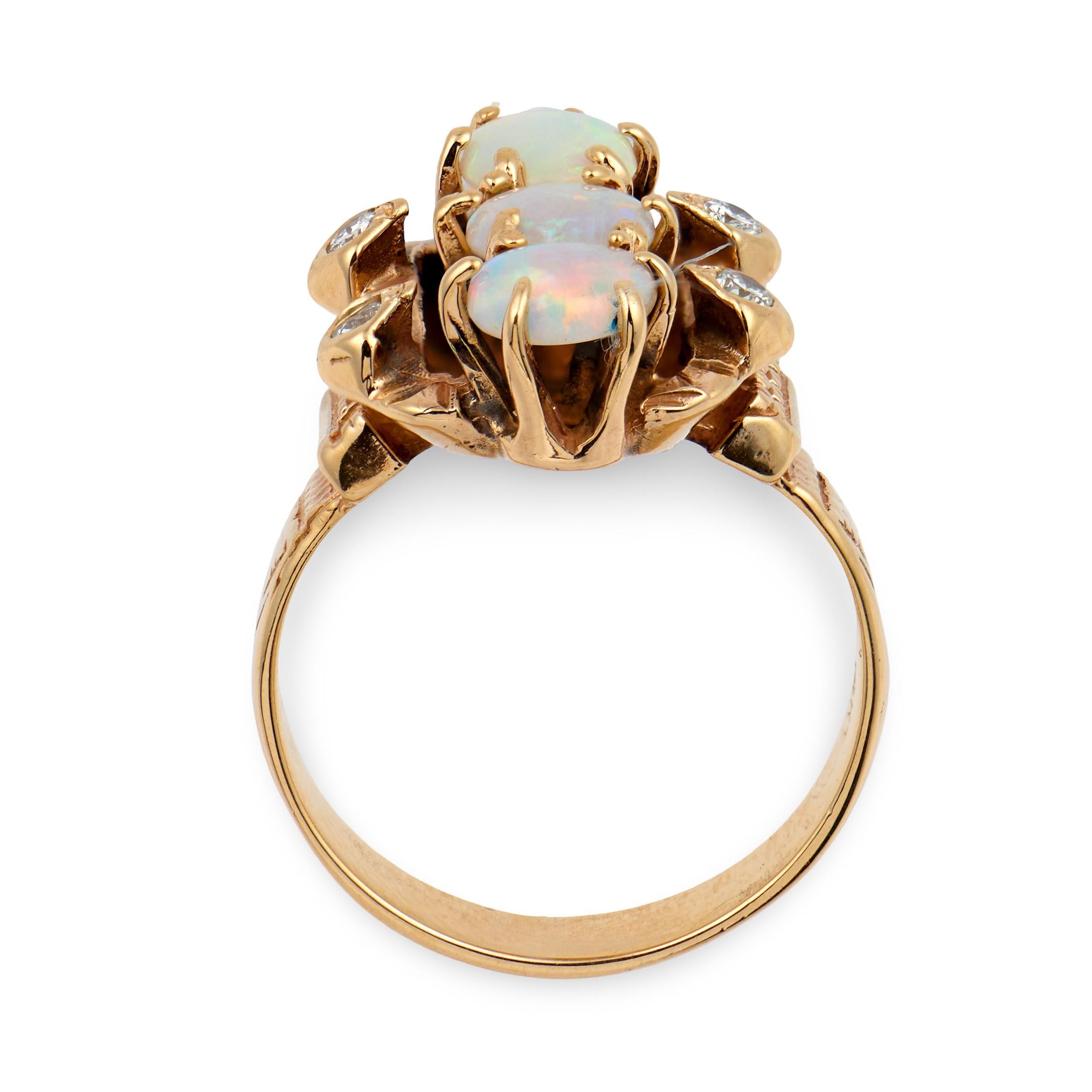 Art Nouveau 14k Opal & Diamond Navette Ring