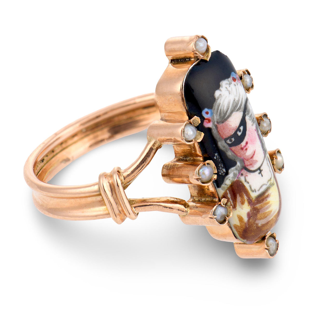 Victorian 14k Pearl & Enamel Masked Woman Portrait Ring