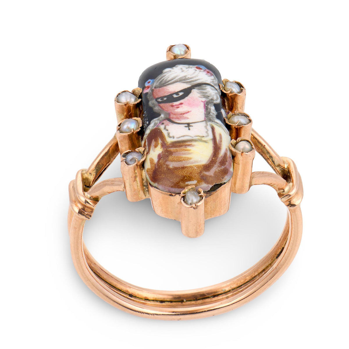 Victorian 14k Pearl & Enamel Masked Woman Portrait Ring