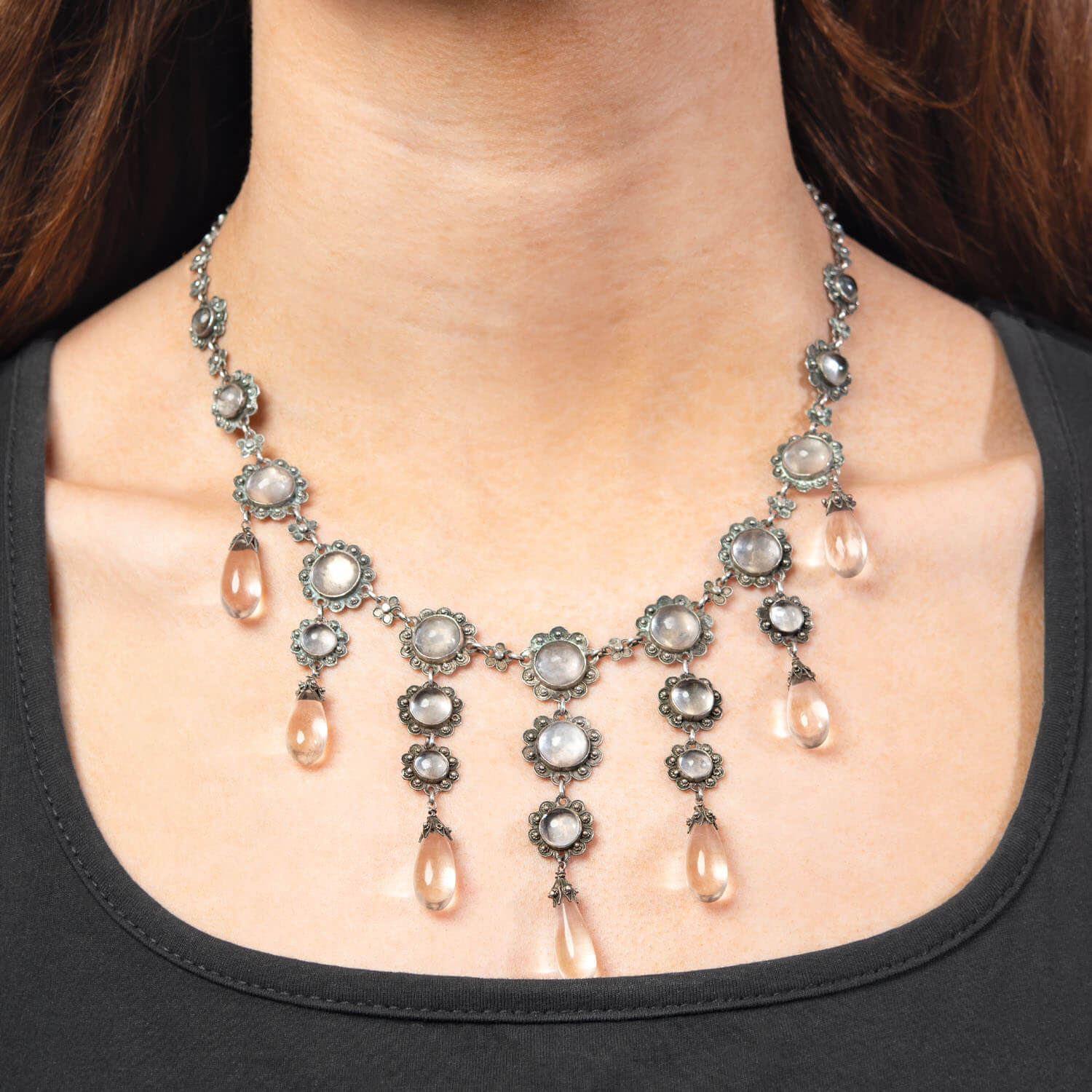 Victorian Sterling Silver Rock Quartz Crystal Drop Moonstone Festoon Necklace