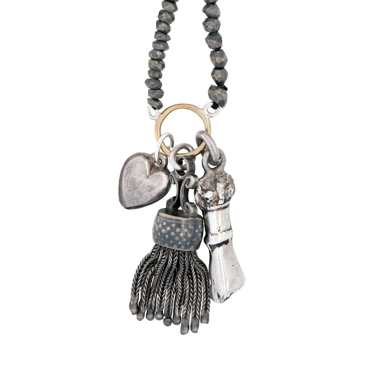 Estate Sterling Silver Pyrite Bead Charm Necklace