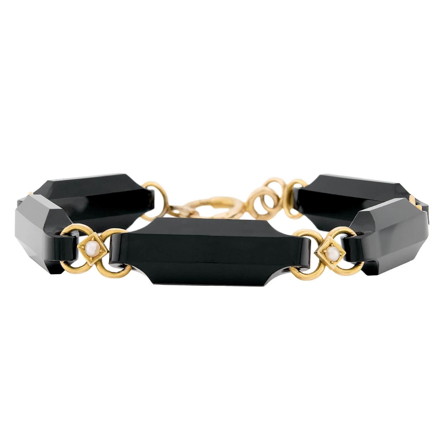 Victorian 14k Onyx and Pearl Link Bracelet
