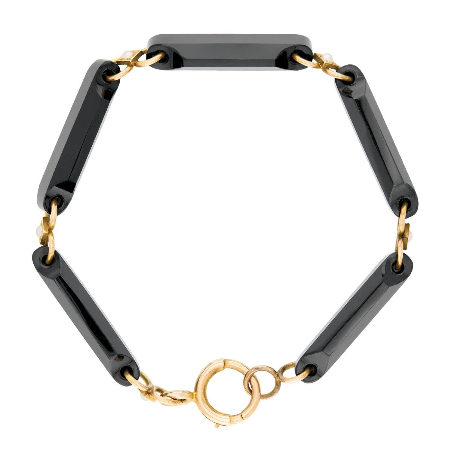 Victorian 14k Onyx and Pearl Link Bracelet